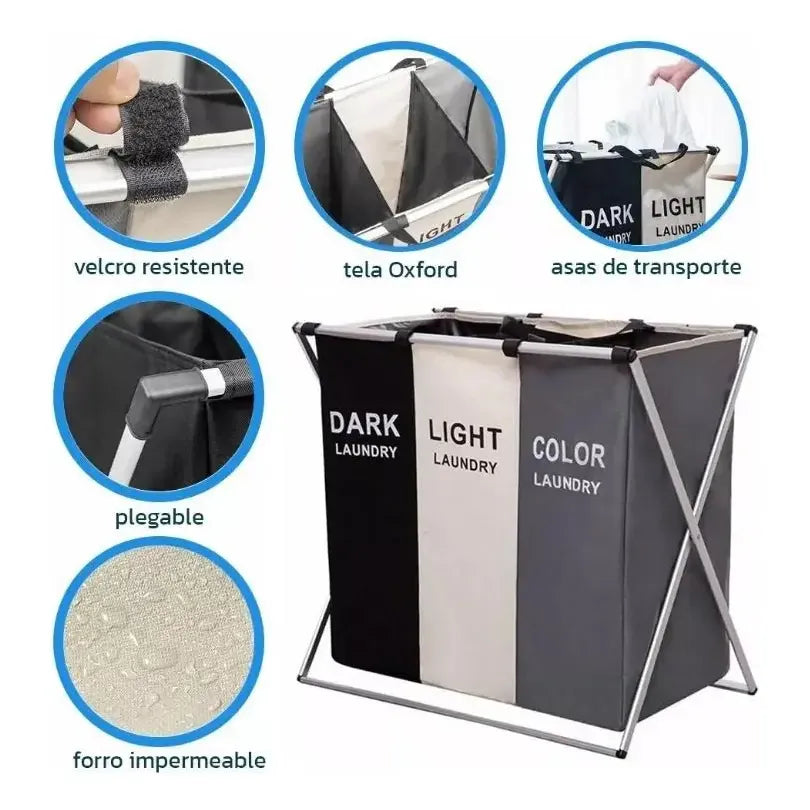 Cesta Plegable para Ropa de 120L con 3 Compartimentos Organizadores