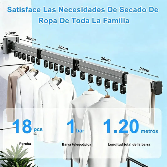 Tendedero Plegable de Pared 1.2m con 19 Ganchos y Capacidad de 30kg