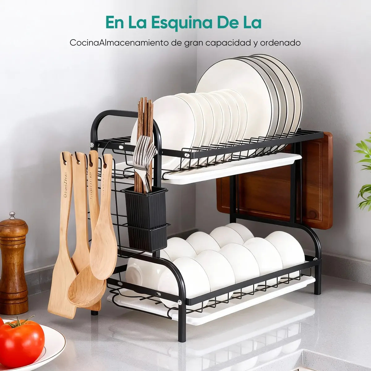 Escurridor de Platos de Acero Inoxidable de 2 Niveles con Cubiertero