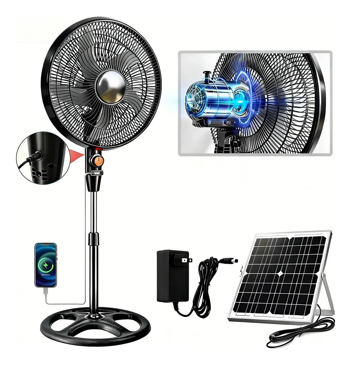 Ventilador Solar Recargable 20000mAh Silencioso 3 Velocidades Portátil