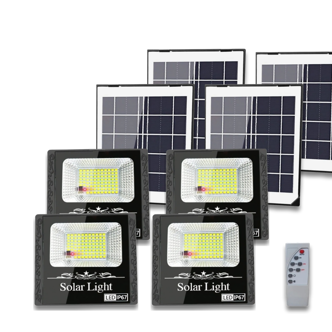Kit de 4 Reflectores Solares LED 45W, Resistente al Agua, Control Remoto y Larga Duración