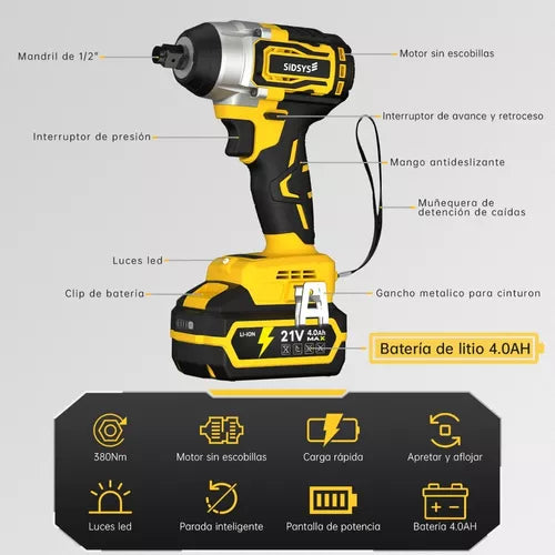 Llave De Impacto Inalámbrico Pistola Electrica Sidsys 4.0ah - Metacompras