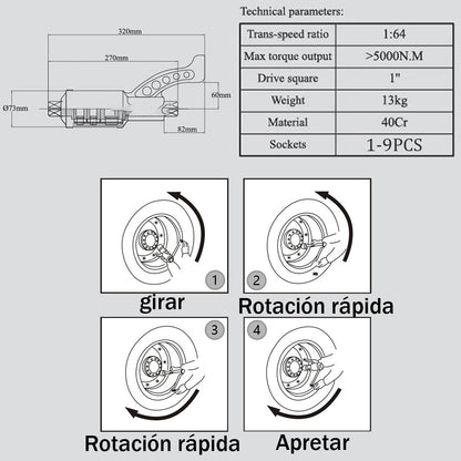 Llave Multiplicadora de Torque 5000 N/M para Vehículos Pesados - Incluye 9 Dados y Accesorios