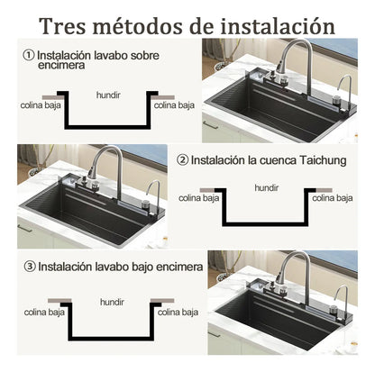 Fregadero de Cocina Tarja Cascada de Acero Inoxidable Negro - Kit Completo con Grifo y Accesorios