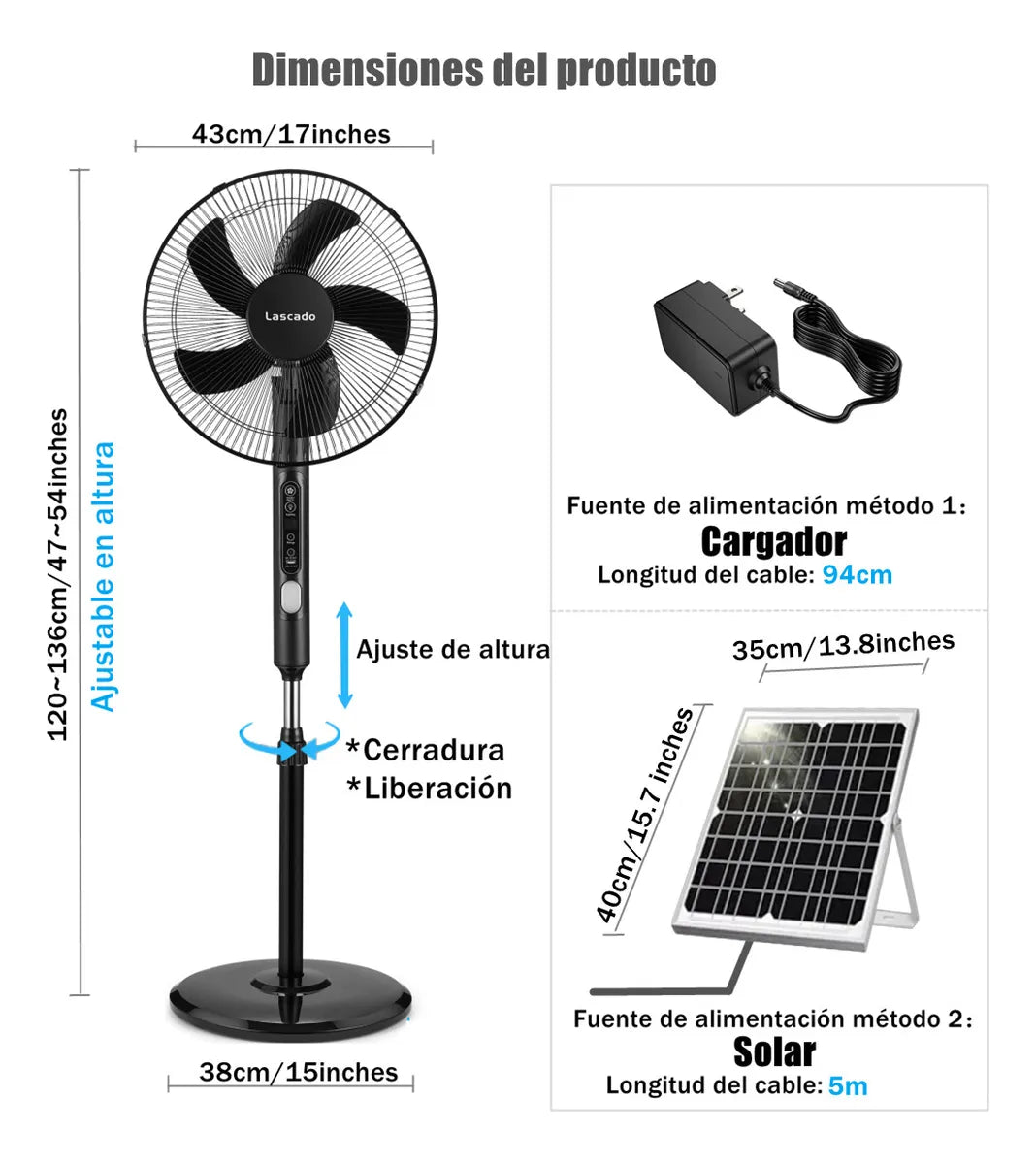 Ventilador Recargable Solar de Pie con Control Remoto 16'' - Eficiencia Energética