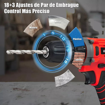 Taladro Atornillador Inalámbrico 21V con Caja de Herramientas y Luz LED