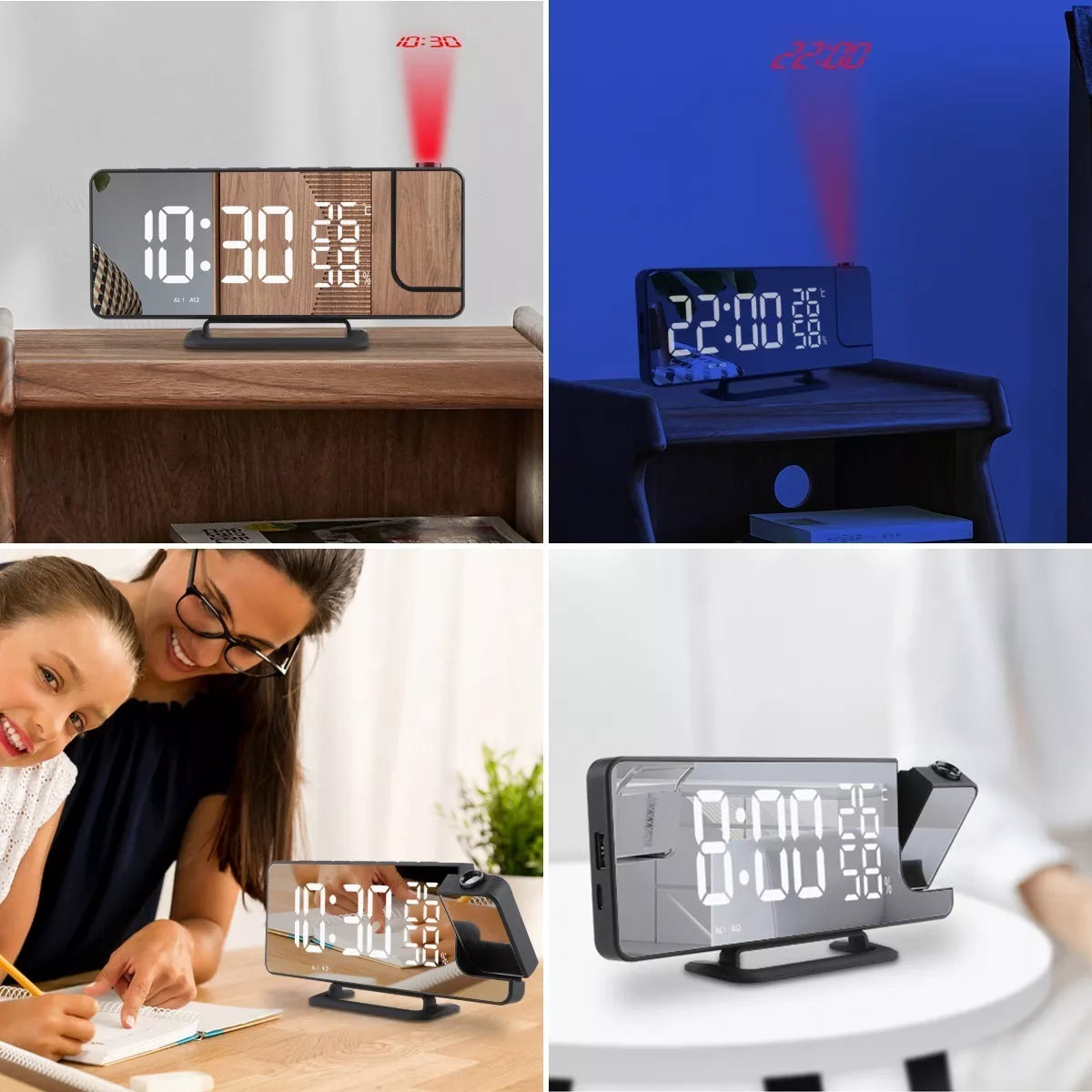 Reloj despertador de proyección, reloj digital con proyector giratorio de  180°, puerto de carga USB, regulable, repetición, memoria de apagado