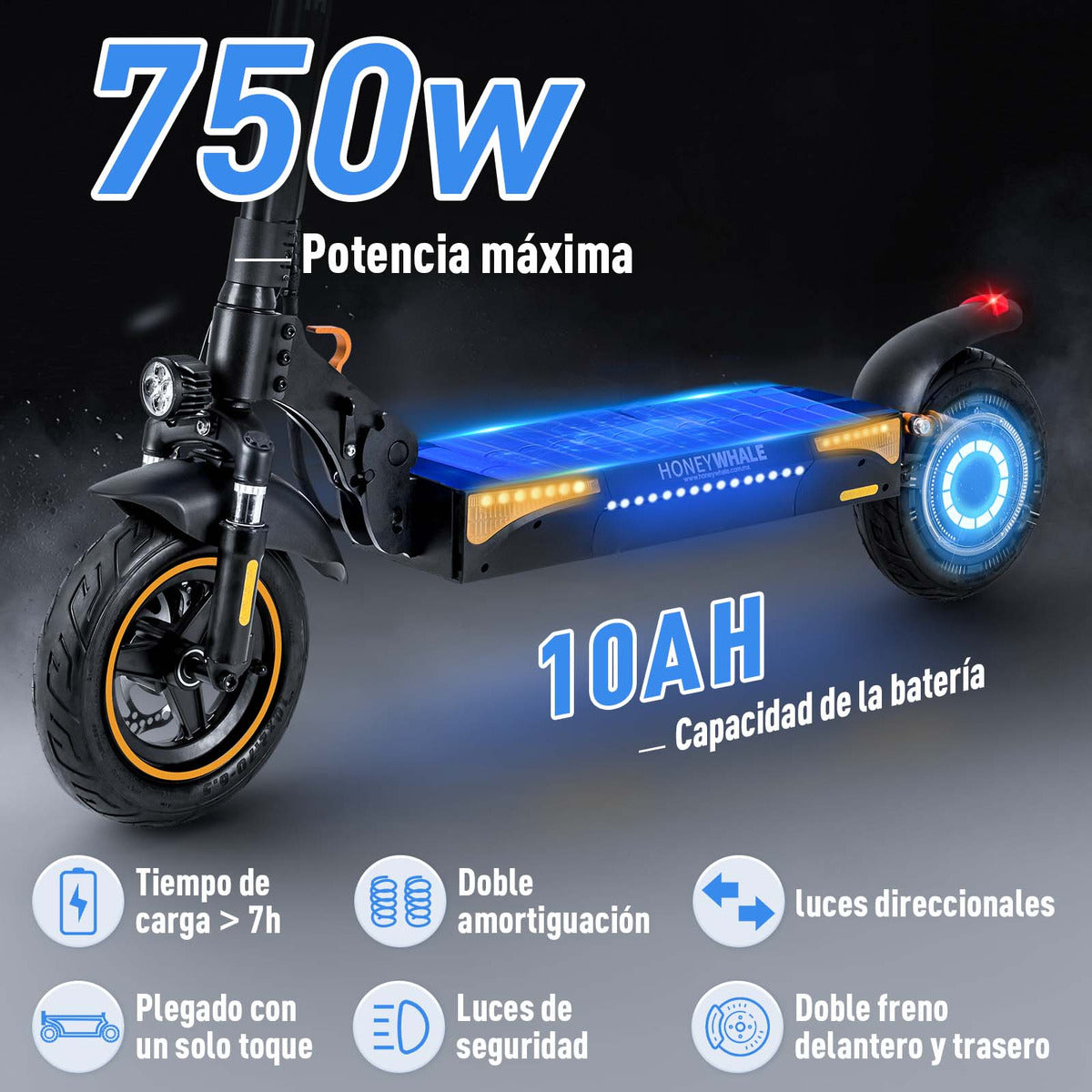 Scooter Eléctrico Patín T4A Honey Whale 45km/h Plegable para Adultos 600W 30-35kms