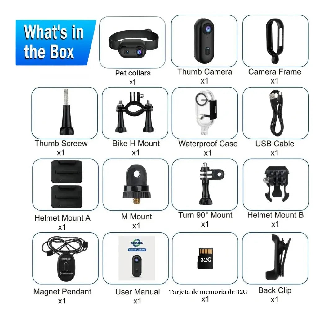 Cámara de Acción 4K Body Cam con Clip de Resorte para Aventuras