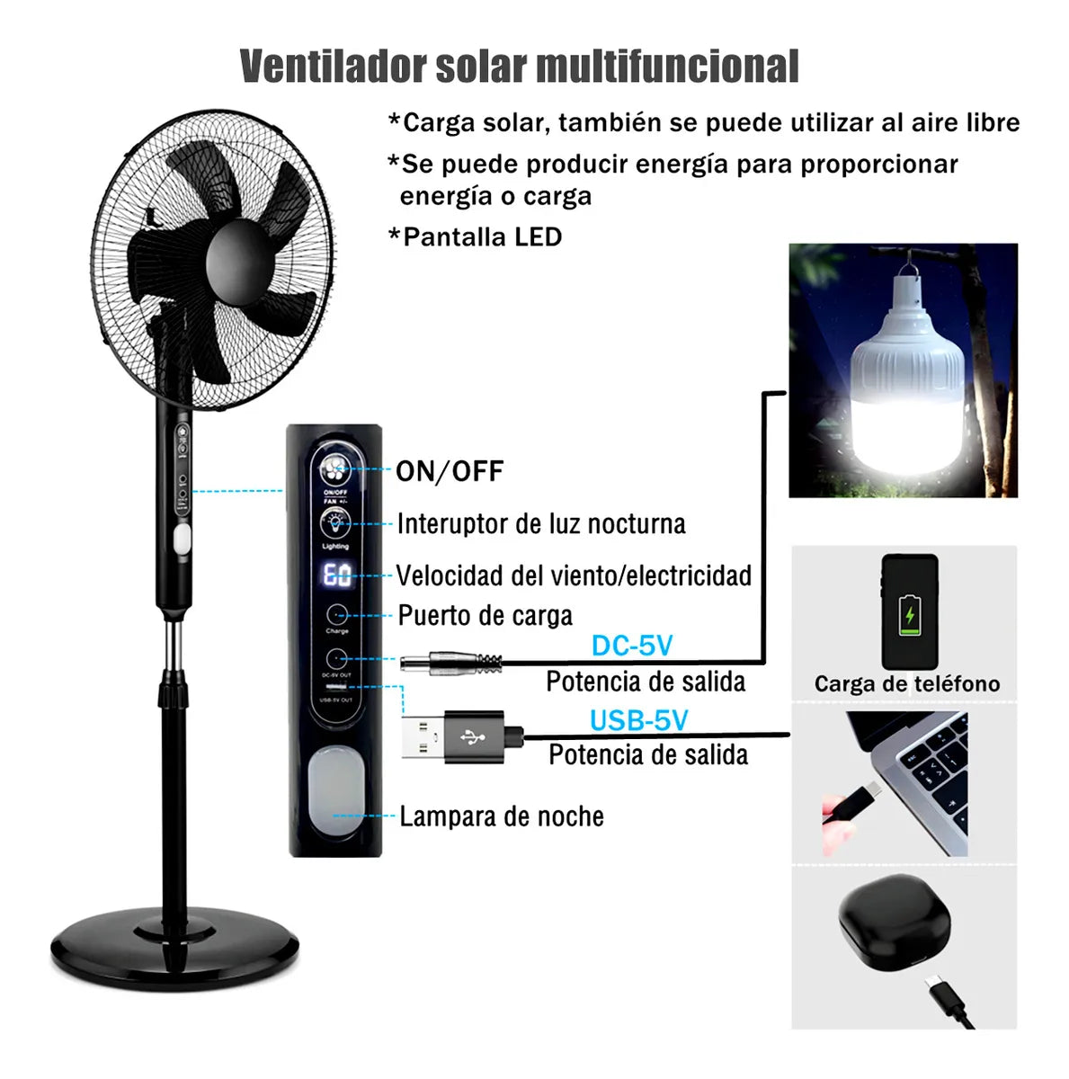 Ventilador Recargable Solar de Pie con Control Remoto 16'' - Eficiencia Energética - Metacompras