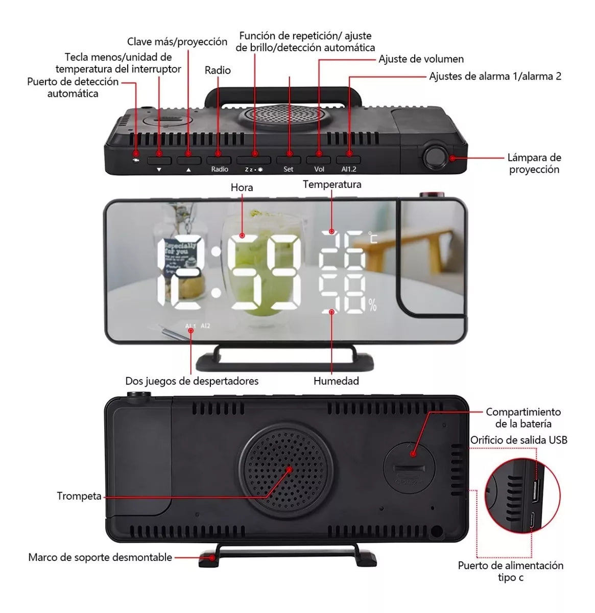 Reloj Despertador Digital Proyección Con Radio Y Proyector