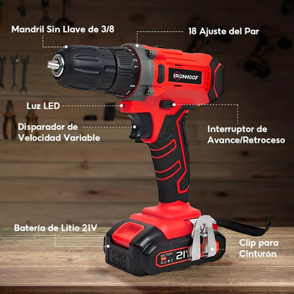 Taladro Atornillador Inalámbrico 21V con Caja de Herramientas y Luz LED
