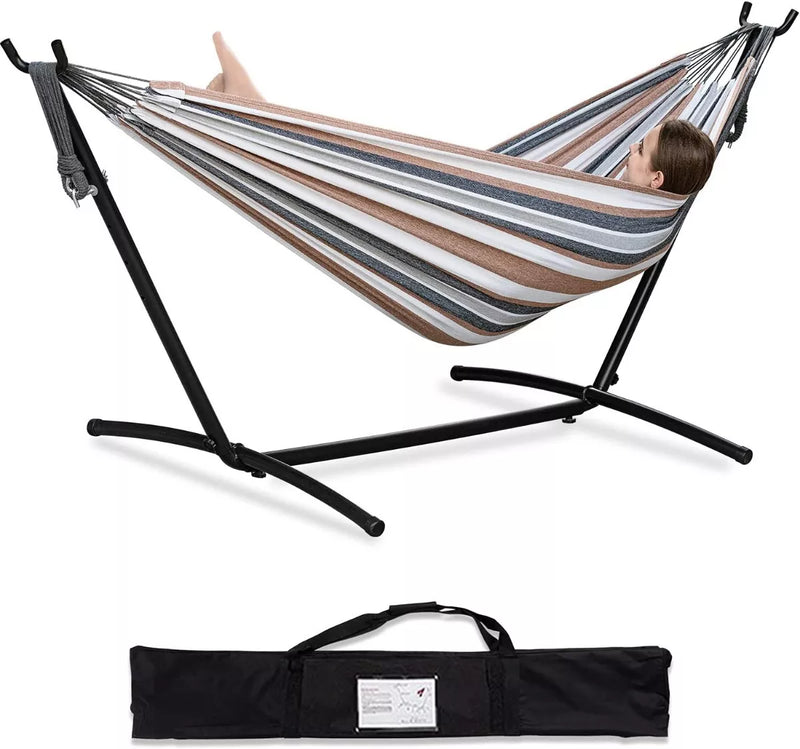 Hamaca Doble Con Base Soporte De Acero Y Portatil Bolsa - Metacompras