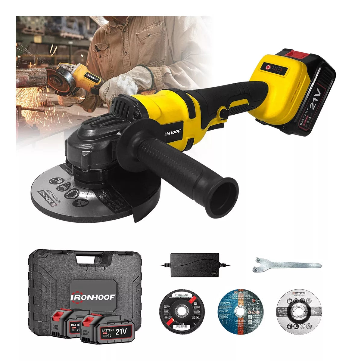 IRONHOOF 21V Cordless Angle Grinder – 9000 RPM Brushless Power