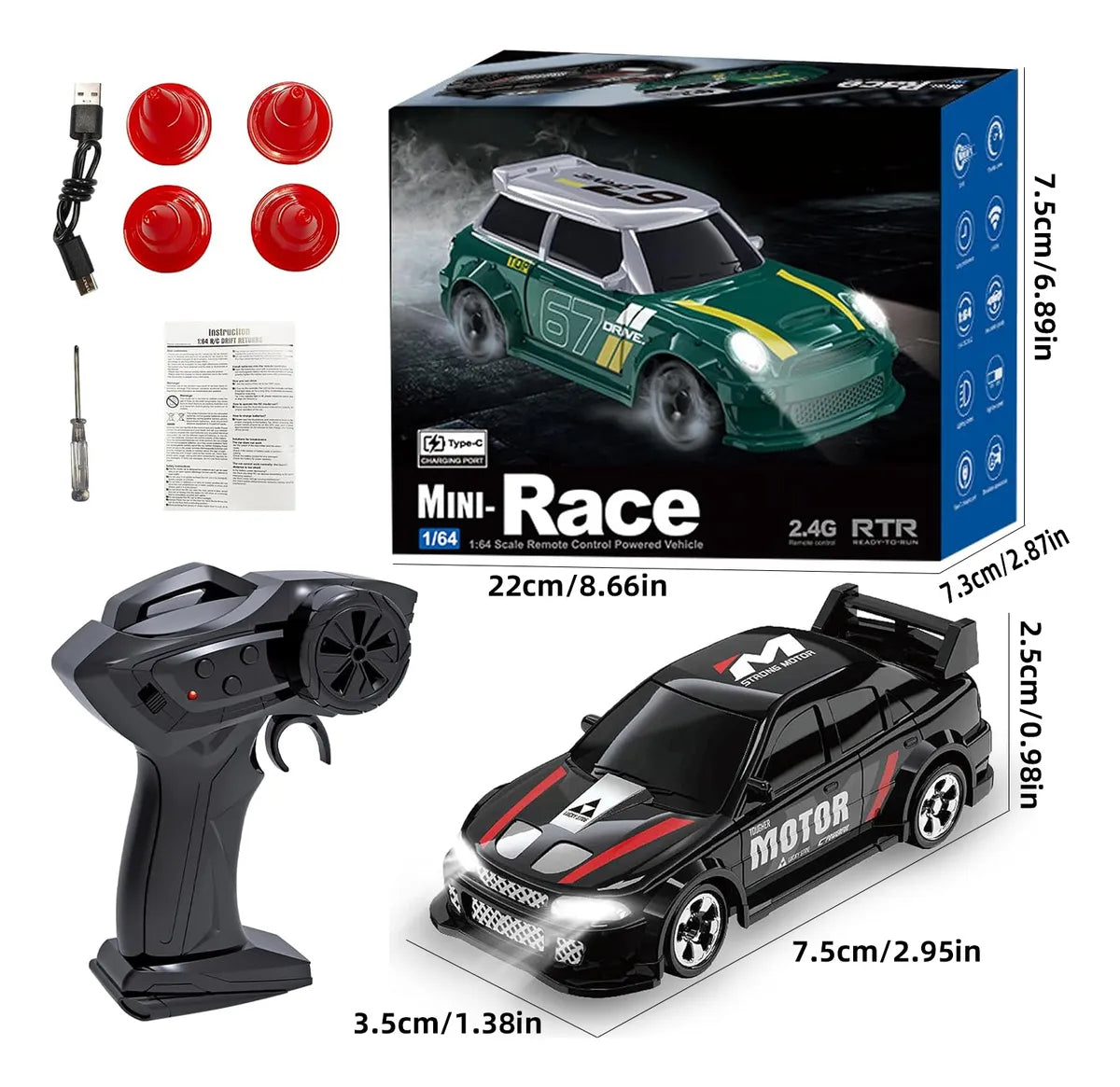 Mini Auto RC Drift 1:64 4WD con Luz LED - Diversión Compacta y Ágil