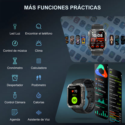Reloj Inteligente Smartwatch Militar W60 con Linterna LED y Monitor de Salud IP68