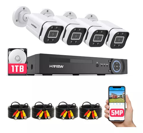 Kit de Videovigilancia H.view HV-84AHD5001: 4 Cámaras 5MP, DVR 1TB, Acceso Remoto, Resistente al Agua