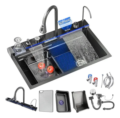 Fregadero de Cocina Tarja Cascada de Acero Inoxidable Negro - Kit Completo con Grifo y Accesorios