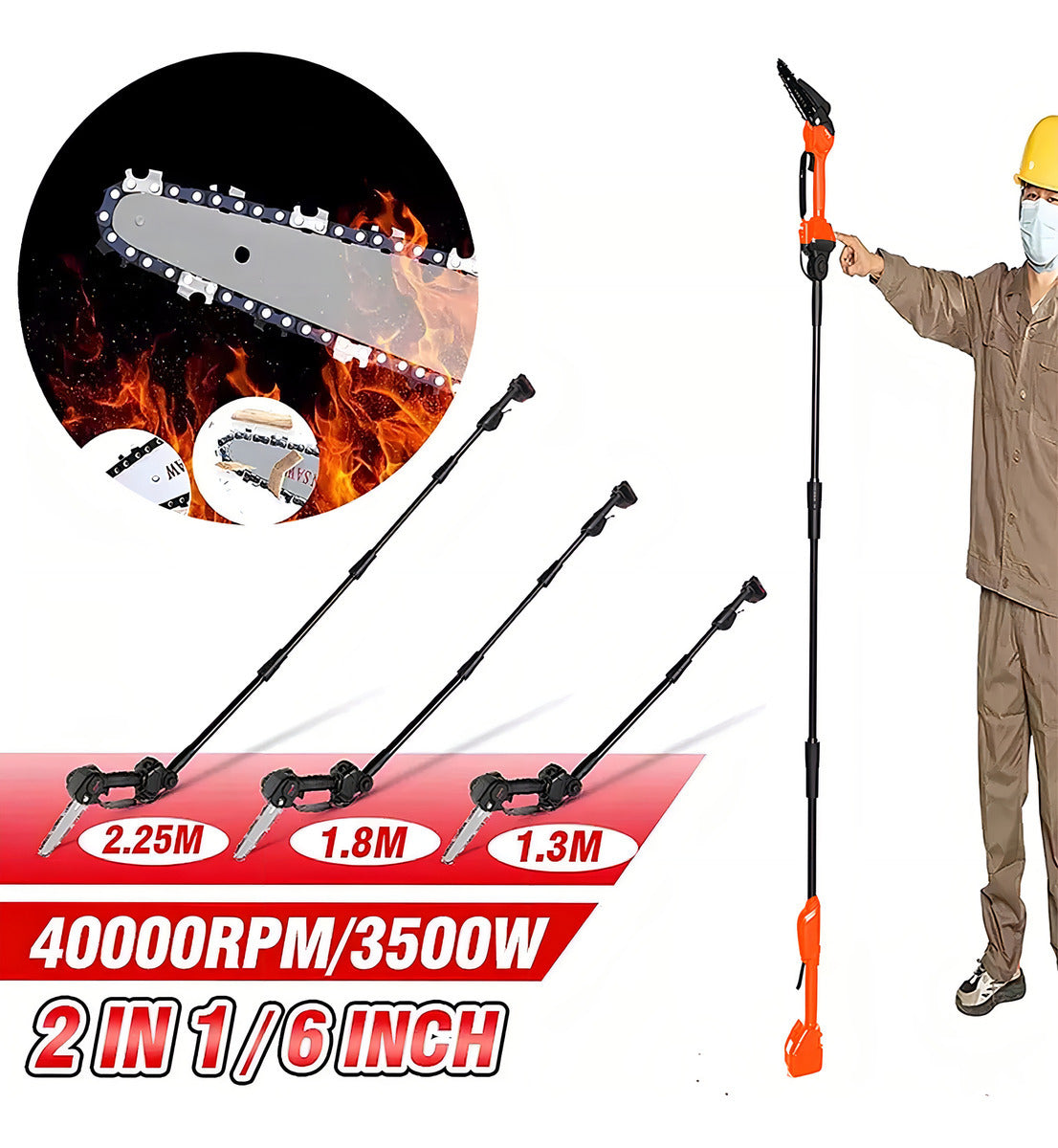 Motosierra Eléctrica Inalámbrica 2 en 1 con Pértiga y 2 Baterías - Kit Completo