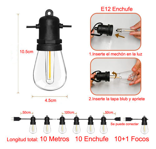 Guirnalda de Luces LED para Exterior 10m - Impermeables y Con Regulador de Brillo - Metacompras
