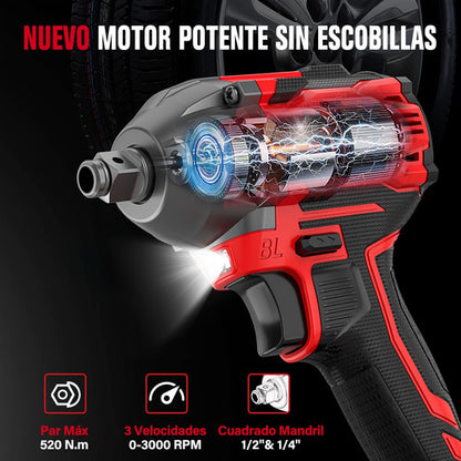 Llave de Impacto Inalámbrica 21V con Motor Sin Escobillas y Torque de 520 Nm