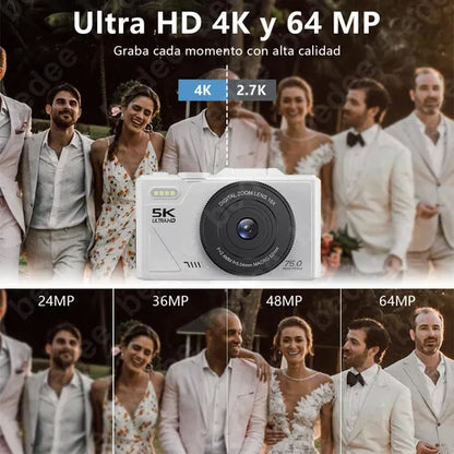 Cámara Digital 5k 75mp Con Tarjeta +32gb y 2 Pilas - Kit Completo