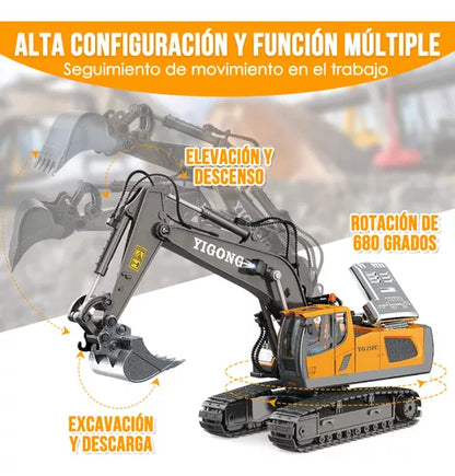 Excavadora RC 1:20 de Aleación con 11 Funciones y Baterías Doblés Recargables