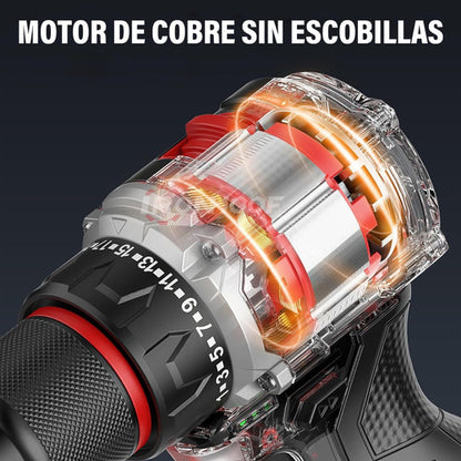 Taladro Inalámbrico Sin Escobillas con Batería de Larga Duración y Luz LED