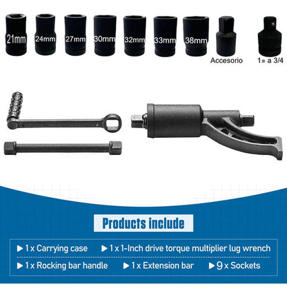 Llave Multiplicadora de Torque 5000 N/M para Vehículos Pesados - Incluye 9 Dados y Accesorios