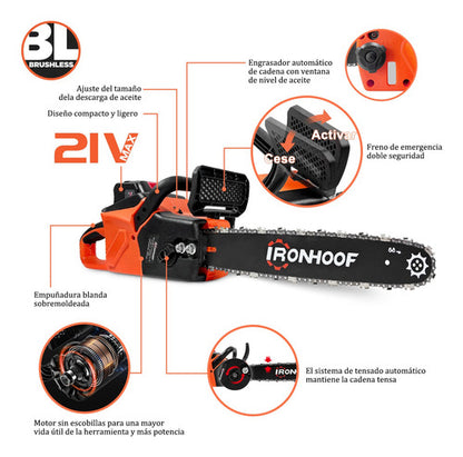 Motosierra Eléctrica 16 Pulgadas Recargable con Motor Sin Escobillas y Seguridad Avanzada