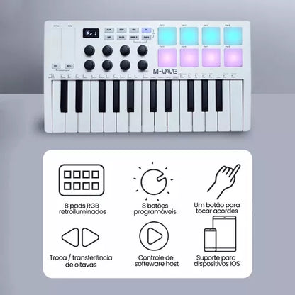 Teclado MIDI Inalámbrico Portátil Smk-25 – 25 Teclas Sensibles + 16 Horas de Batería