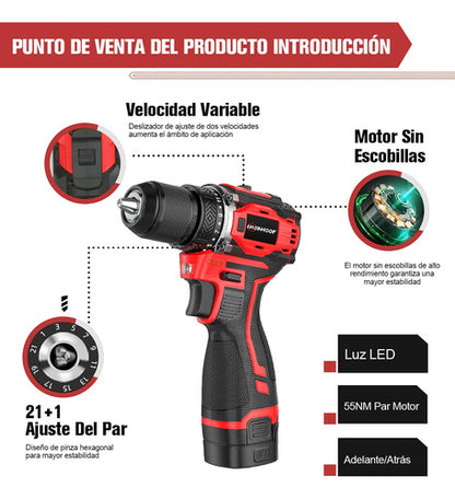 Taladro Inalámbrico Sin Escobillas con Batería de Larga Duración y Luz LED