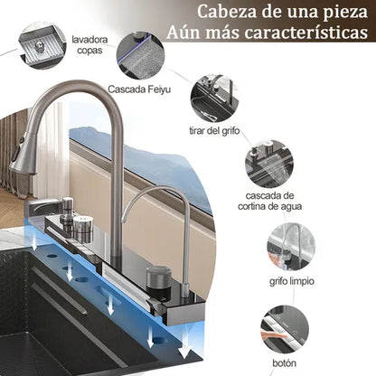 Fregadero de Cocina Tarja Cascada de Acero Inoxidable Negro - Kit Completo con Grifo y Accesorios