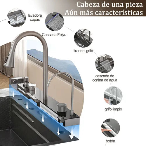 Fregadero de Cocina Tarja Cascada de Acero Inoxidable Negro - Kit Completo con Grifo y Accesorios