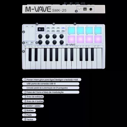 Teclado MIDI Inalámbrico Portátil Smk-25 – 25 Teclas Sensibles + 16 Horas de Batería