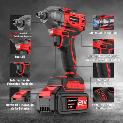 Llave de Impacto Inalámbrica 21V con Motor Sin Escobillas y Torque de 520 Nm