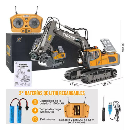 Excavadora RC 1:20 de Aleación con 11 Funciones y Baterías Doblés Recargables