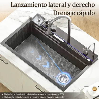 Fregadero de Cocina Tarja Cascada de Acero Inoxidable Negro - Kit Completo con Grifo y Accesorios