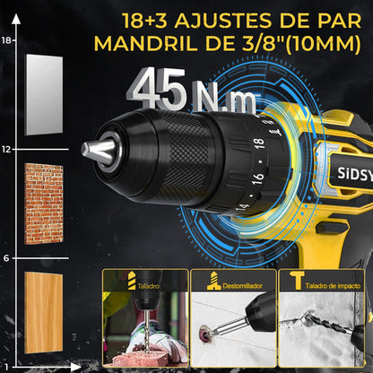 Taladro Eléctrico Inalámbrico Sidsys 21V con 2 Baterías y Carga Rápida