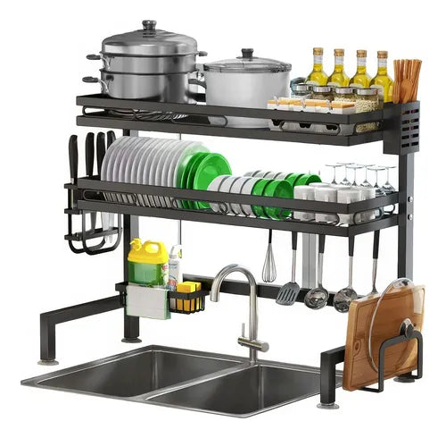Escurridor de Trastes Negro de 2 Niveles para Fregadero Compacto
