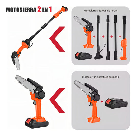 Motosierra Eléctrica Inalámbrica 2 en 1 con Pértiga y 2 Baterías - Kit Completo