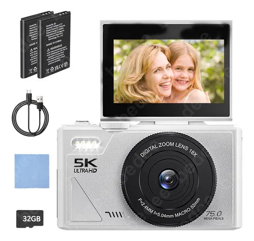 Cámara Digital 5k 75mp Con Tarjeta +32gb y 2 Pilas - Kit Completo