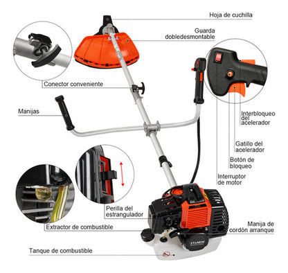 Desbrozadora a Gasolina 52cc 2.5hp con Cortadora de Hoja Metálica y Cuerda Plástica