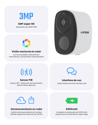 Cámara de Seguridad WiFi HD Exterior 3MP Inalámbrica con Batería Recargable y Visión Nocturna