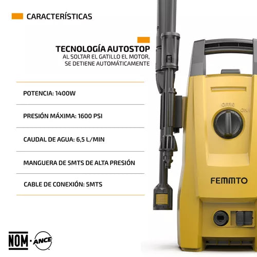 Hidrolavadora Electrica Femmto 1400w Alta presion 1600 Psi - Metacompras