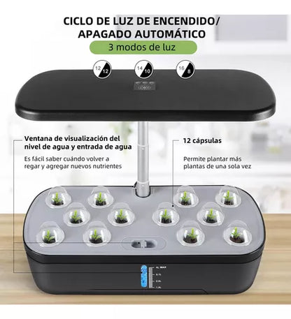 Sistema de Jardinería Hidropónica Interior con Luz LED y Bomba Silenciosa - Cultiva Hasta 12 Plantas.