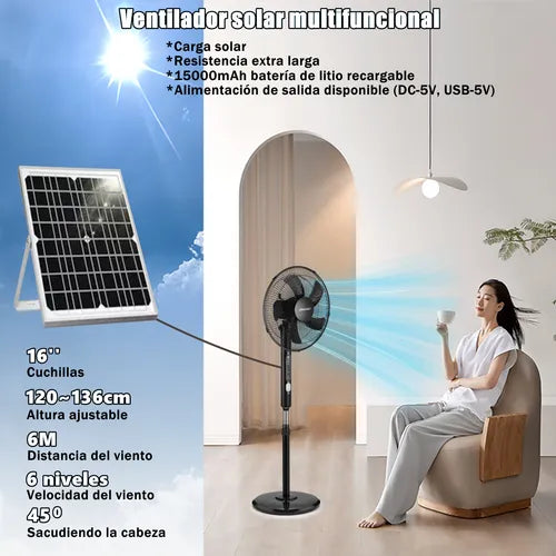 Ventilador Recargable Solar de Pie con Control Remoto 16'' - Eficiencia Energética