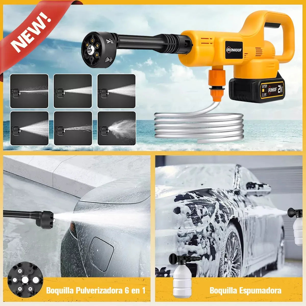 Pistola Hidrolavadora Portátil Eléctrica Inalámbrica 6 en 1 Amarilla