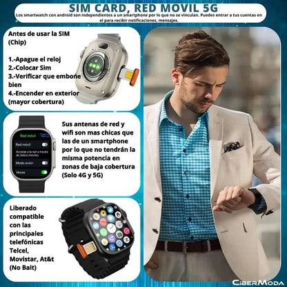 Smartwatch 4G Ultra 2024 con Android, Sim, Wifi y Cámara Integrada