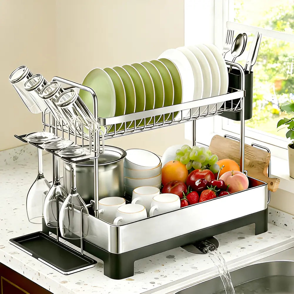 Escurridor de Platos de Acero Inoxidable con Drenaje Eficiente y 2 Niveles